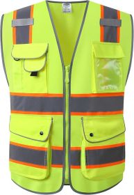 9 Pockets Hi-Vis Neon Yellow Color Zipper Front Safety Vest with Fluorescent Orange Extend Edge outlining the Reflective Tapes Meet ANSI/ISEA Cla